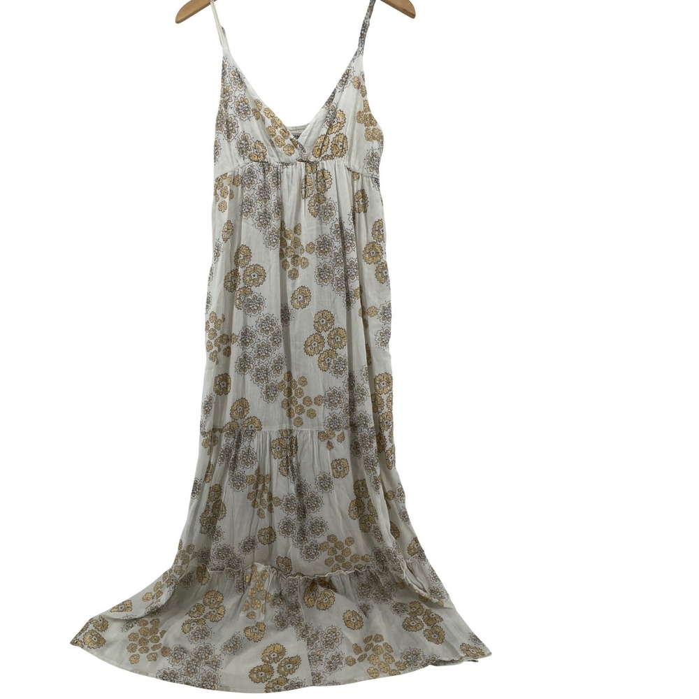 White and Gold Floral Maxi Dress - Sleeveless V-Neck